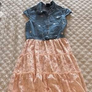 Girls Pink Lace Tiered Dress with Denim Top